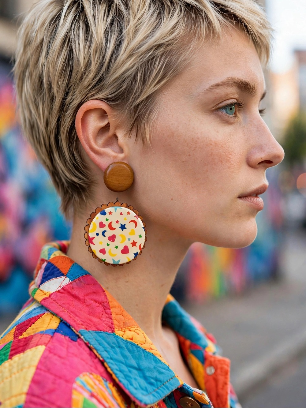 NWT Handmade Oversized Wooden Clip On Dangle Earrings Colorful Celestial E104